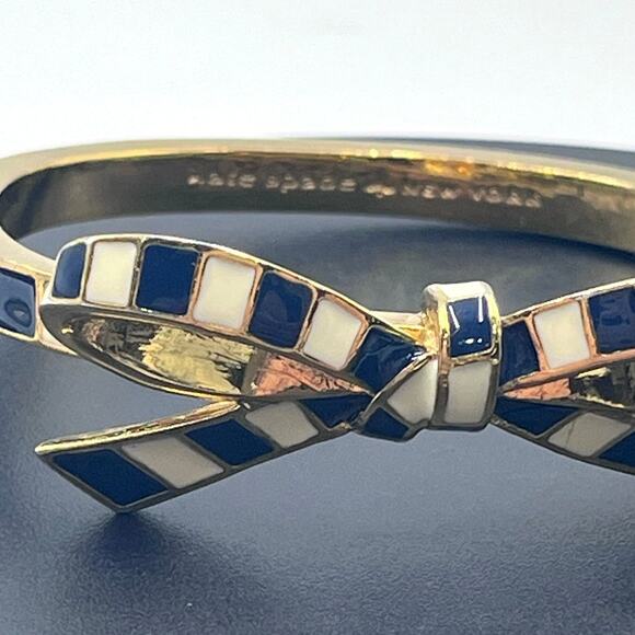 Kate Spade New York Blue White Striped Ribbon Bow Nautical Bangle Bracelet - Picture 2 of 8